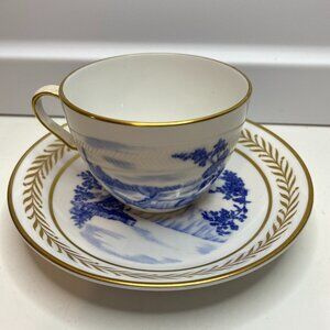 1973 Carborundum Museum Blue Niagara Falls Cup & Saucer w/ Gold Trim